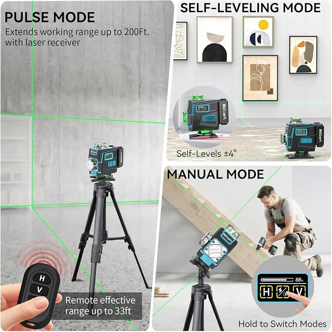 4x360°Green 16 Line Laser Level, ±4° Auto Self Leveling, 2x4800mAh 48H Runtime - Image 6