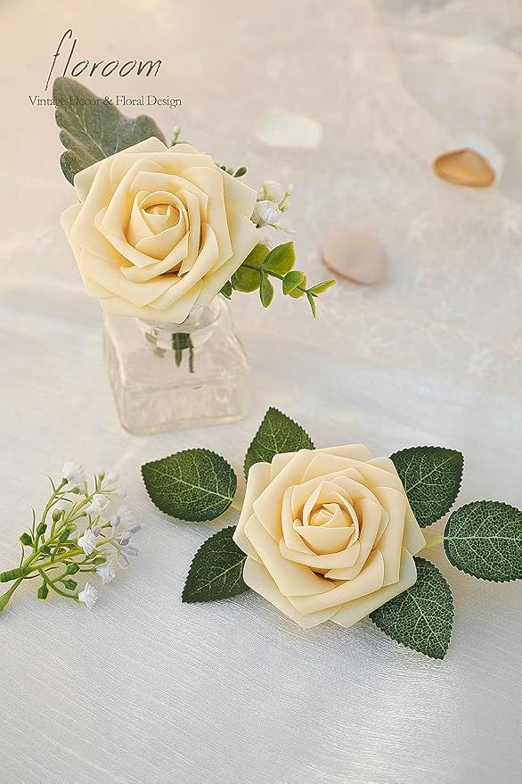 Artificial Flowers 50pcs Real Looking Creamy Yellow Foam Fake Roses - Image 5