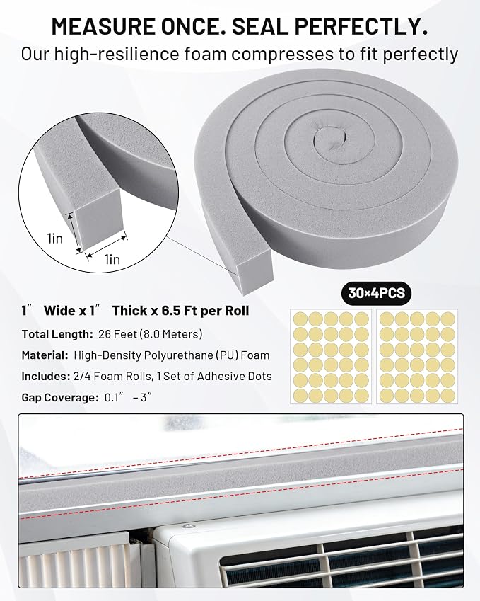 Air Conditioner Window Seal, 4 Roll of 1 in × 1 in × 6.5 ft Foam Stripe - Image 2