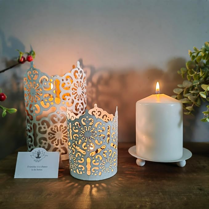 Hosley Set of 2 Whitewashed Iron Pillar Candle Holder Plates – 4-Inch - Image 4