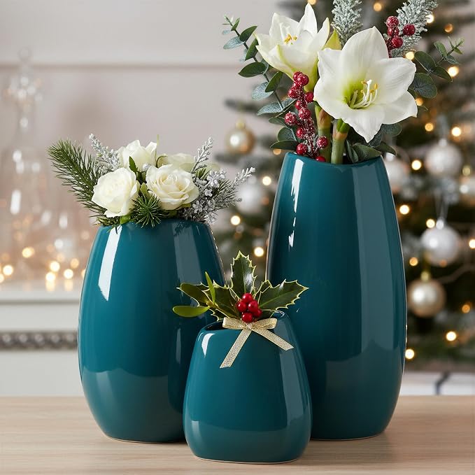 hjn Ceramic Vase Set of 3 Teal Flower Vase - Image 6