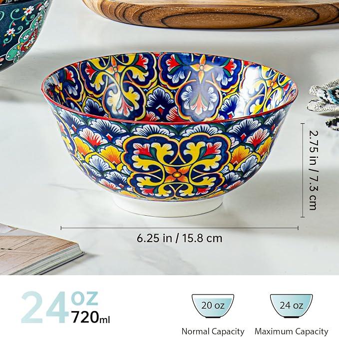 HENXFEN LEAD Boho Ceramic Cereal & Soup Bowls Set of 6, 24 oz | Assorted - Image 2