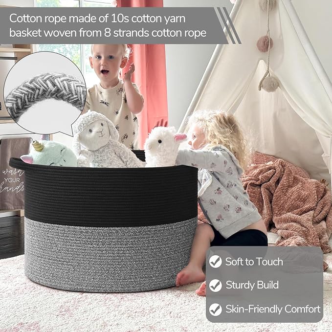 INDRESSME 115L Extra Large Woven Rope Blanket Basket Living Room Black Grey | - Image 3
