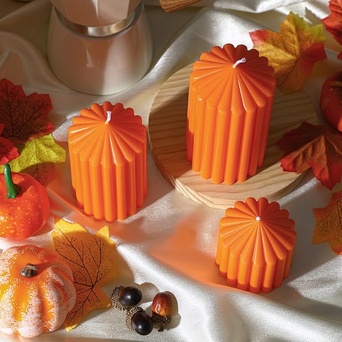 Conelist Set of 3 Fall Orange Ribbed Pillar Candles Soy Wax Scented Candles | - Image 3