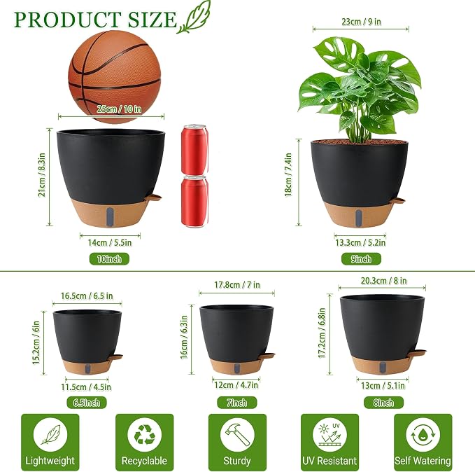 Self Watering Pots for Inoor Ourdoor Plants 10/9/8/7/6.5" Plastic Planters | - Image 3