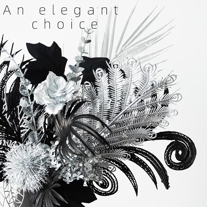 Luxurious Black Silver Artificial Flowers，17-Inch Modern Gothic Bouquet | Dark - Image 5