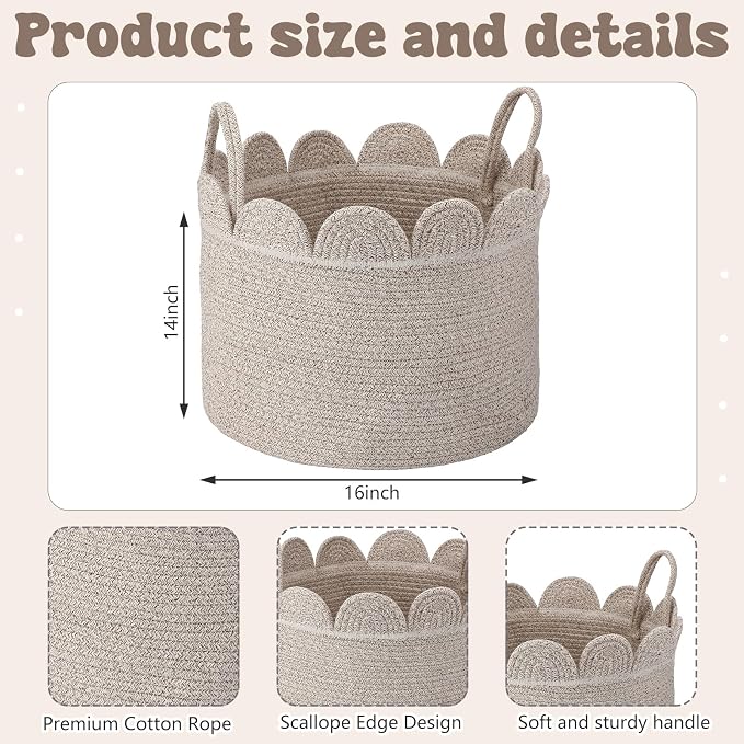 LemonRoad Round Woven Basket Brown Variegated, Cotton Rope Scalloped Edge - Image 2
