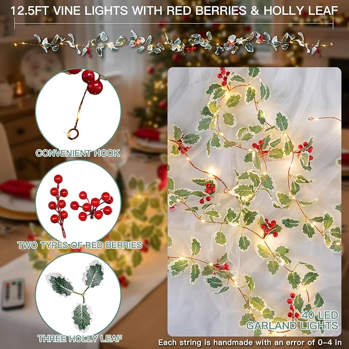 String Light with Red Berries&Holly Leaf Battery Powered Copper Wire | 12.5FT - Image 3