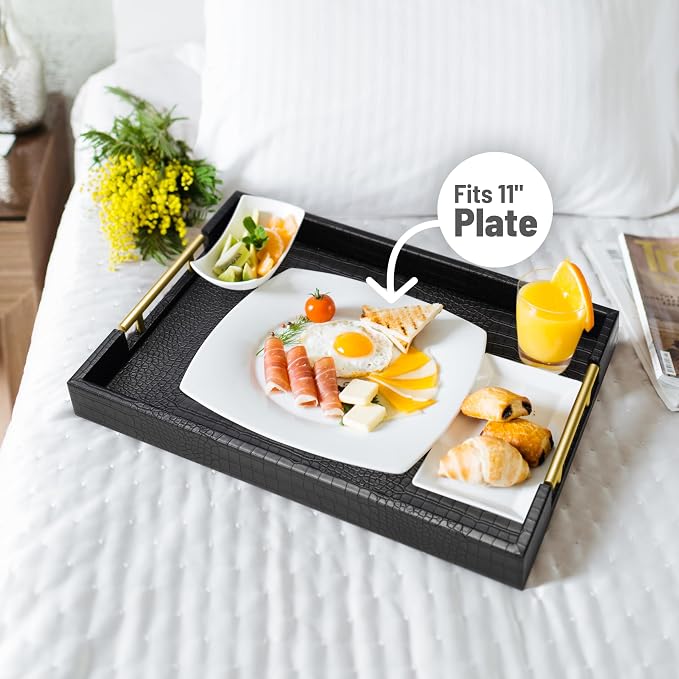 ATZYmolin 17"x12" Leather Serving Tray, Polished Metal Handles, Coffee Table - Image 4