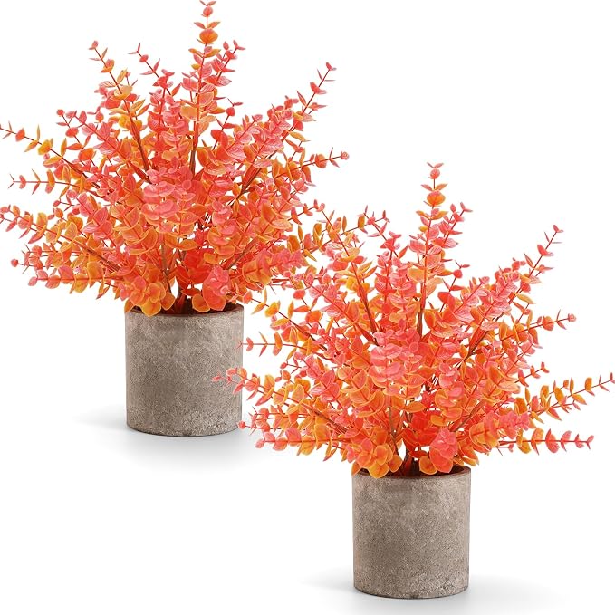 Coferset 2 Pack Small Fake Plants Eucalyptus Potted, Fall Orange Large | 14" by Coferset