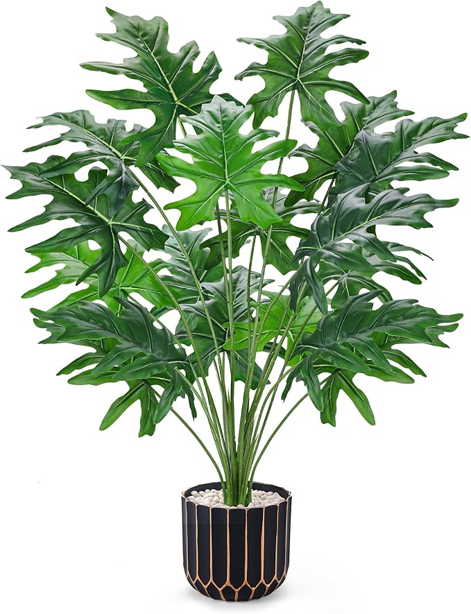 Der Rose 28" Artificial Plants Indoor, Philodendron Plant in Black Gold Pot | by DerRose