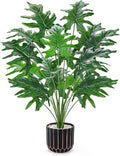 Der Rose 28" Artificial Plants Indoor, Philodendron Plant in Black Gold Pot | by DerRose