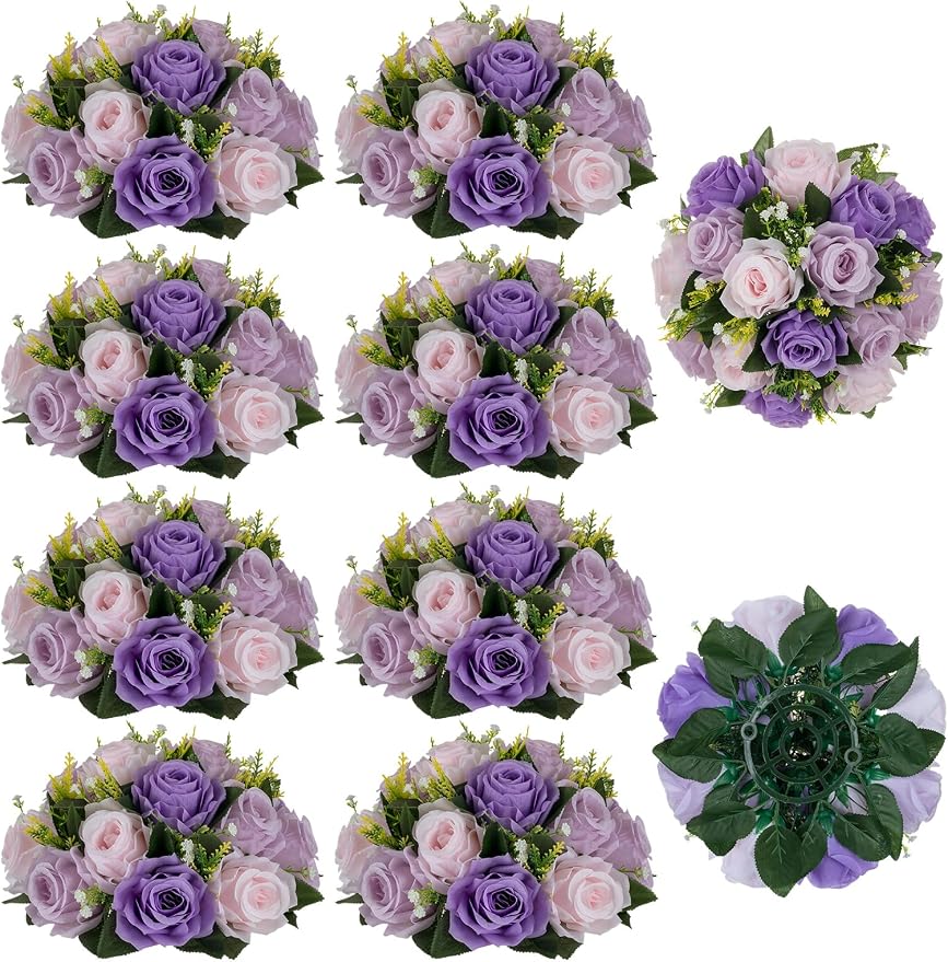BLOSMON Wedding Rose Centerpieces Tables: Purple Lilac Pink Fake Roses | 10 Pcs by Blosmon
