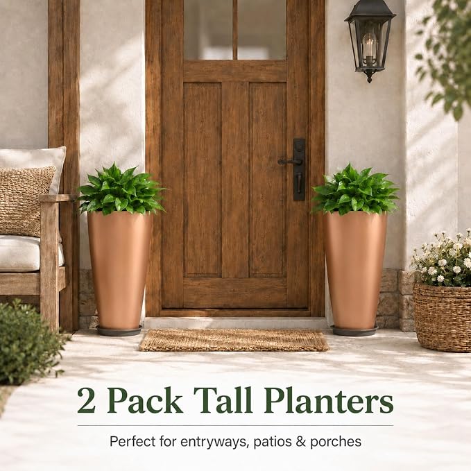 Neoaider Set of 2 Tall Planter, 21 inch Large Plastic Planter, Rose Gold | - Image 4