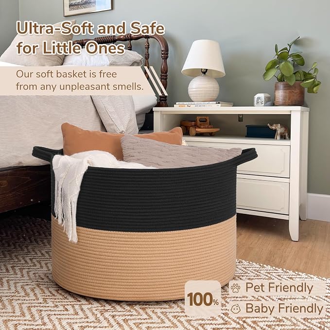 INDRESSME 115L Extra Large Woven Rope Blanket Basket Living Room BlackCamel | - Image 5