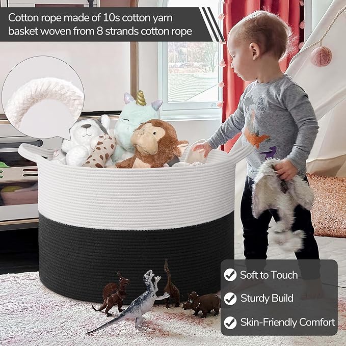 INDRESSME 115L Extra Large Woven Rope Blanket Basket Living Room WhiteBlack | - Image 3