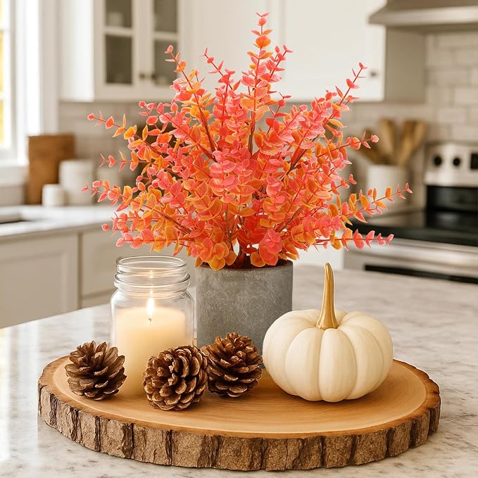 Coferset 2 Pack Small Fake Plants Eucalyptus Potted, Fall Orange Large | 14" - Image 3