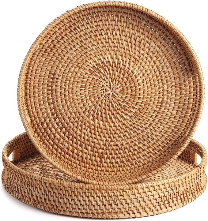 2 Pack Round Rattan Tray, Hand Woven Serving Tray - Image 2