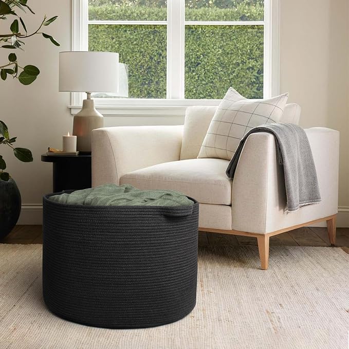 115L Super Large Black Blanket Basket, 23.6"x15.7" Woven Rope Bin - Image 4