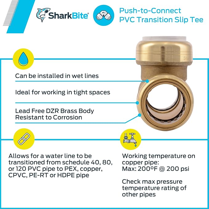 SharkBite 1 Inch Slip CTS x CTS x PVC Transition Slip Tee, Push To Connect - Image 4