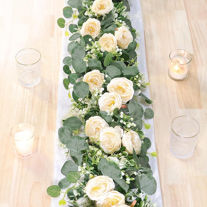 TOCHGREEN 2 Pack Artificial Eucalyptus Flower Garland by TOCHGREEN
