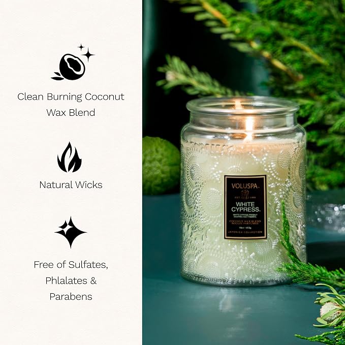 Voluspa White Cypress, Large Candle Jar, 18 Ounce, 100 Hour Burn Time, & - Image 4
