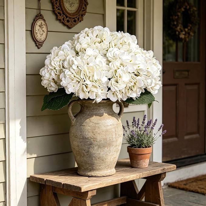 Kimura's Cabin 6pcs White Hydrangea Artificial Flowers Silk Fake Hydrangeas | - Image 3