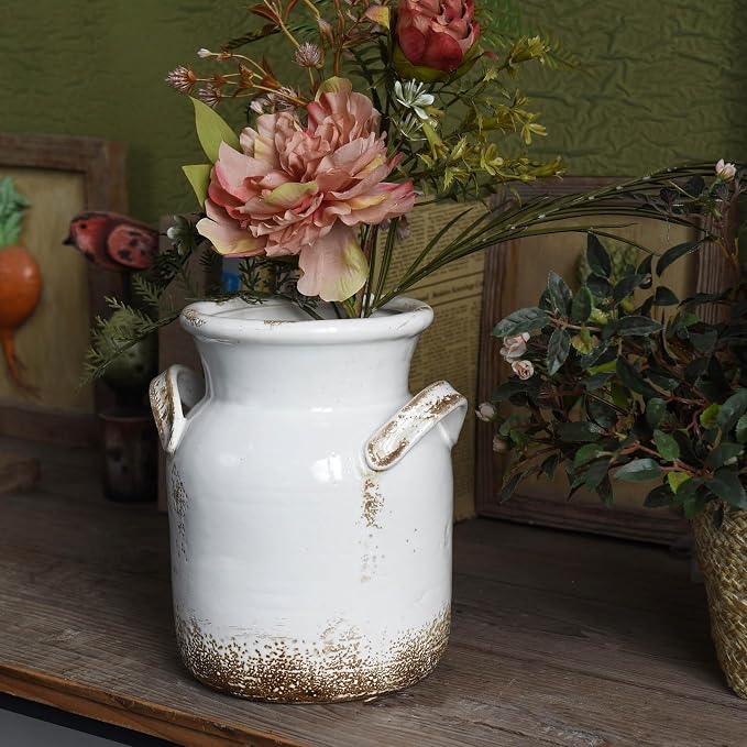 Quoowiit Ceramic Rustic Farmhouse Vase, Distressed Decorative Flower Vase - Image 4
