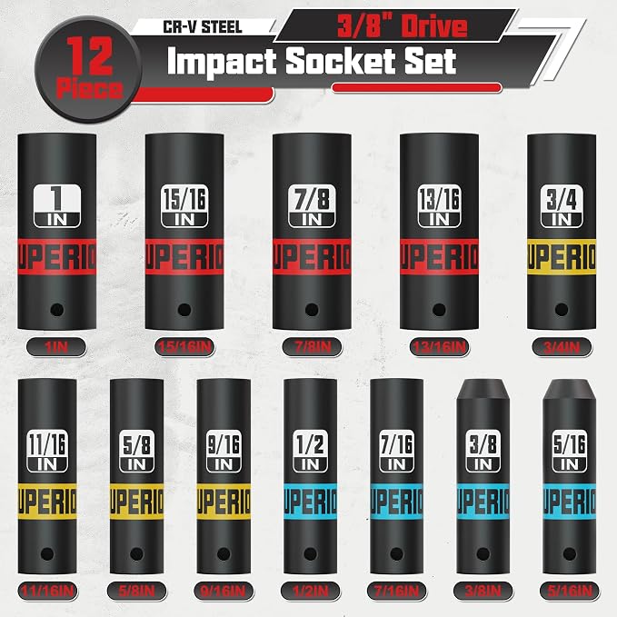 12 Piece 3/8" Drive Impact Socket Set, 5/16"- 1" Deep Socket, 6 Point, - Image 2