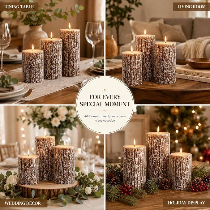 Rustic Pine Tree Pillar Candle Set of 3, Unscented Home Decor | Assorted Size - Image 5