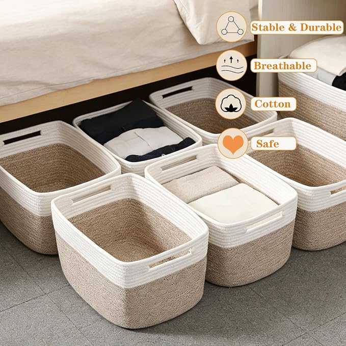 6 Pack Woven Rope Baskets, 12.6"×9"×7.8" Storage Bins, Shelf Baskets Organizer - Image 5
