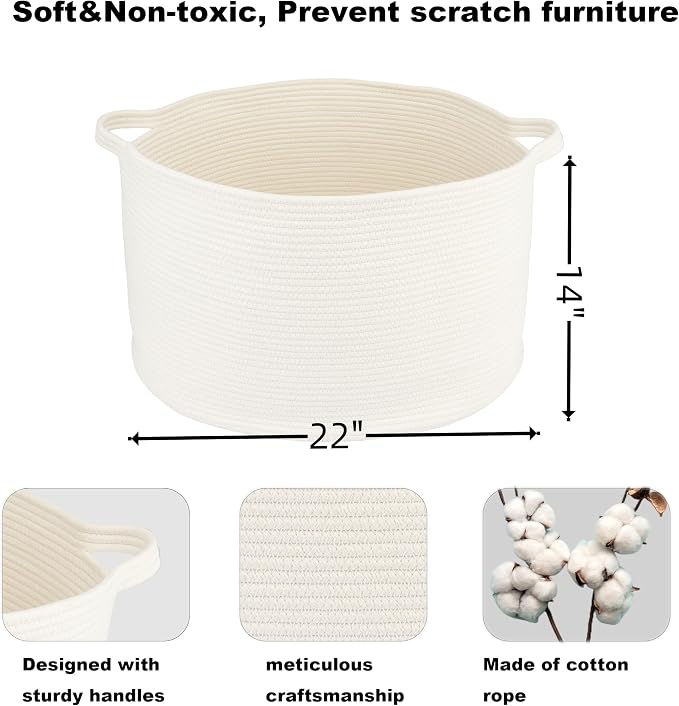 XUANGUO Extra Large Cotton Rope Round Storage Basket 22" x 14" White | Woven - Image 2