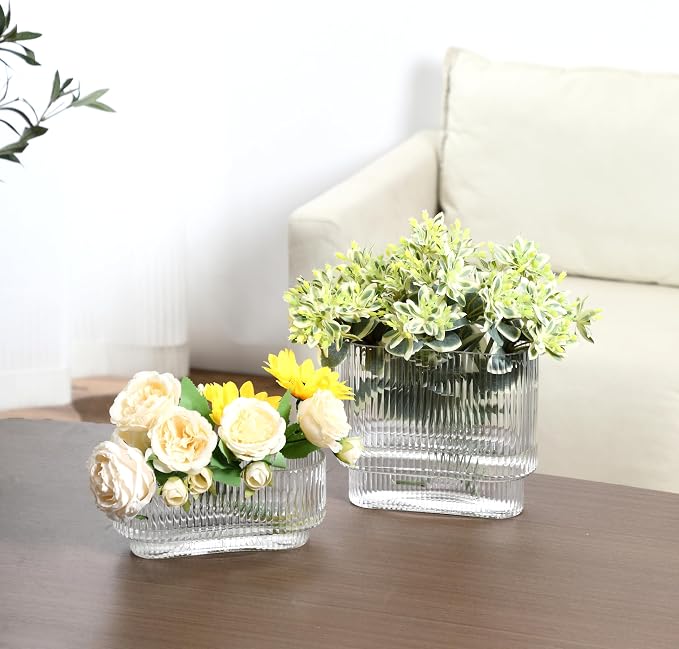 Short Glass Vases, Ribbed Vase for Flowers, Modern Small Vase for Living Room - Image 6