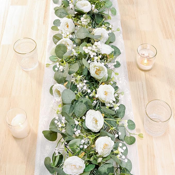 TOCHGREEN 2 Pack Artificial Eucalyptus Flower Garland by TOCHGREEN