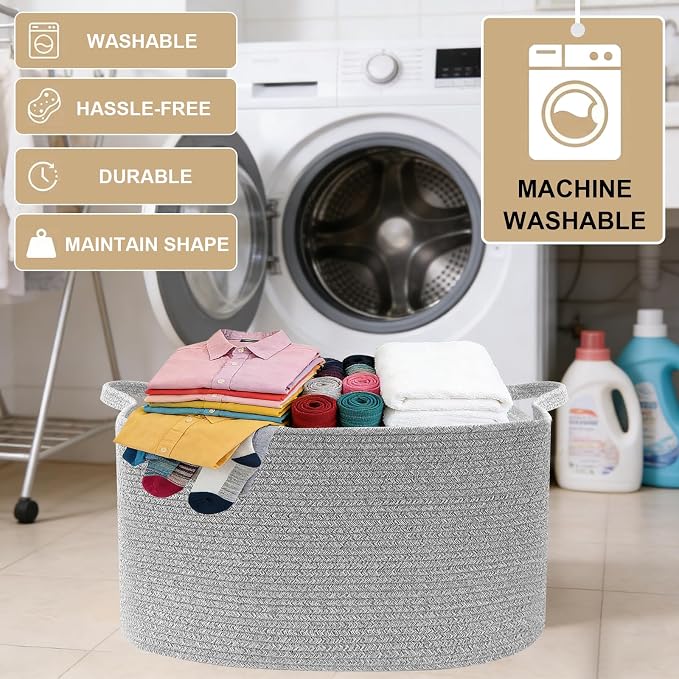 96L Woven Laundry Basket with Handles, Extra Blanket Basket, Living Room - Image 6