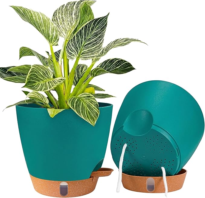 2 Pack 8 inch Plant Pots, Plastic Self Watering Planters | Drainage Holes by Fielda
