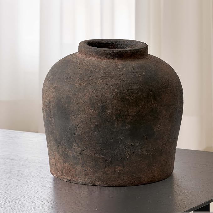 LB2 Brown Ceramic Large Vase, Terra Cotta Pitcher, Distressed Farmhouse Decor by LB2