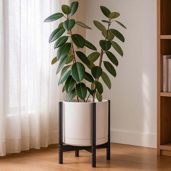 D'vine Dev Ceramic Pot with Ebony Wood Stand, 14 in, 55-B-S-8 | Mid-Century - Image 4