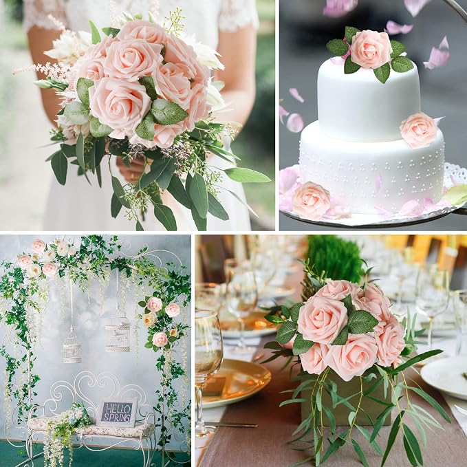 AmyHomie Blush Pink Rose 50pcs Real Looking Artificial Flowers w/Stem | Bouquet - Image 5
