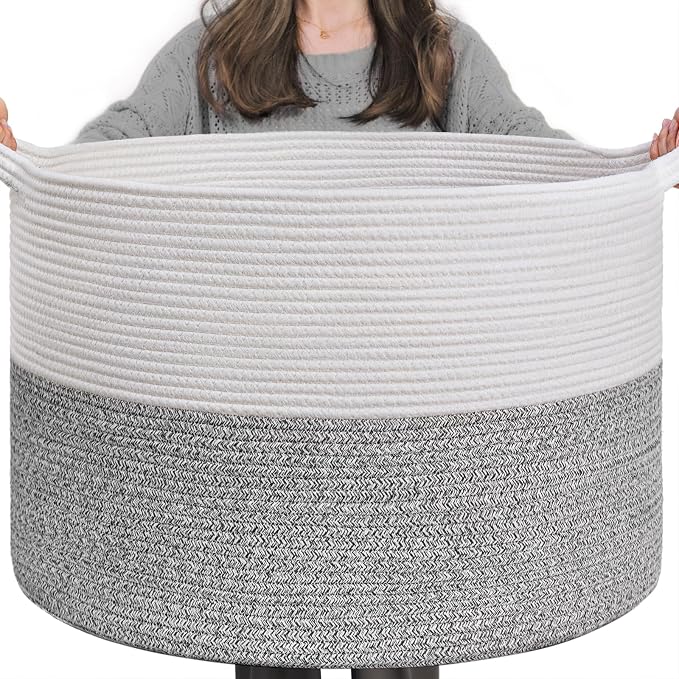 INDRESSME XXXLarge Woven Rope Blanket Basket Living Room Light Grey, 90L | by INDRESSME