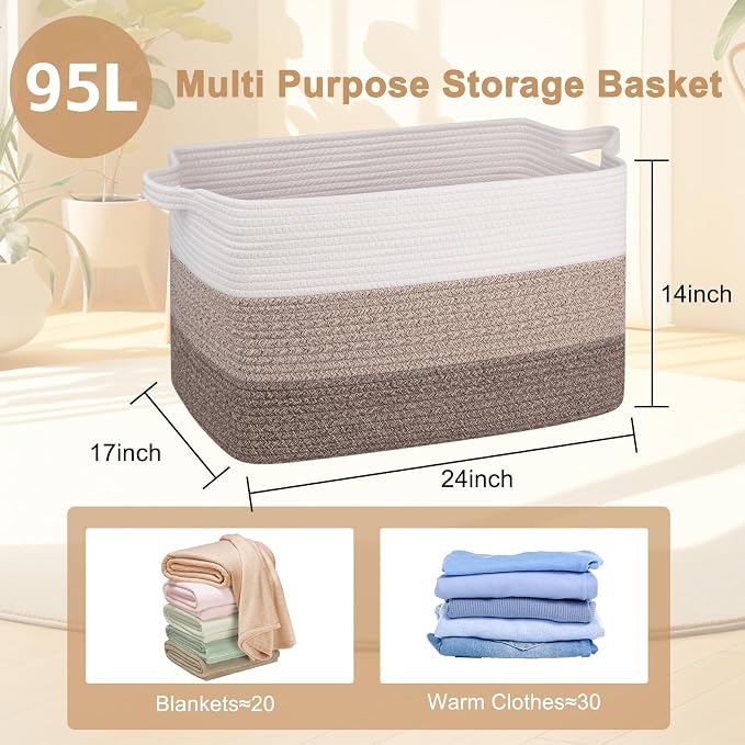 OIAHOMY Extra Large Blanket Basket, 95L Cotton Rope Woven Laundry Basket - Image 4
