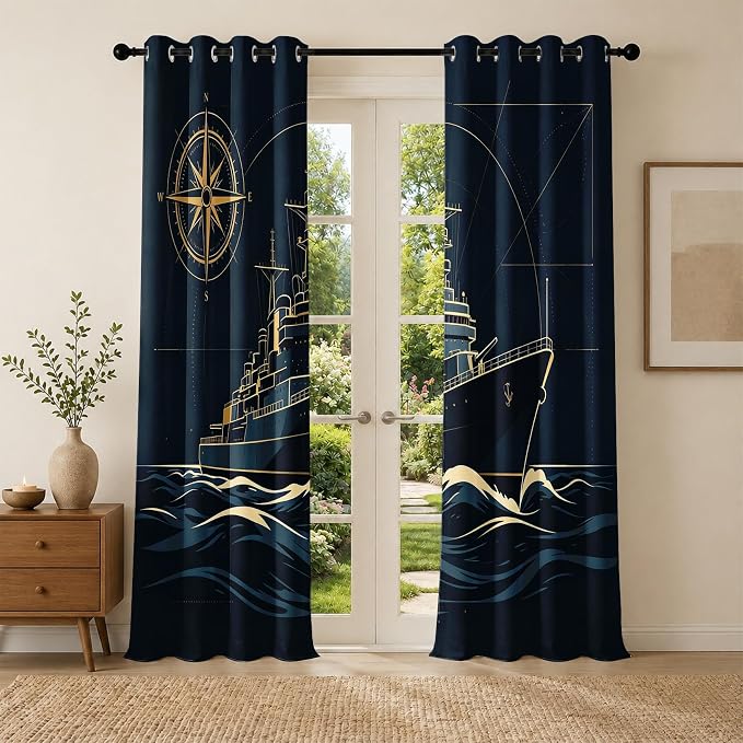 Navy Blue Warship Blackout Curtains 52 x 72 Inch Length Set of 2 | Nautical - Image 3