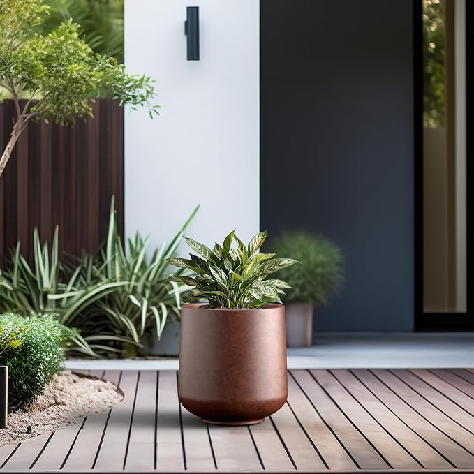Kante Accent Round Curved Rusty Concrete Planter 13" Dia, Outdoor | Rubber Plug - Image 6
