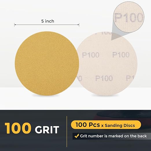 HARFINGTON 100 Pcs 5 Inch Sanding Discs 100 Grit Yellow Aluminum Oxide | Hook - Image 2