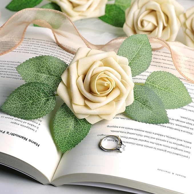 AmyHomie Beige Rose 25pcs Real Looking Artificial Flowers w/Stem | Bouquet - Image 7