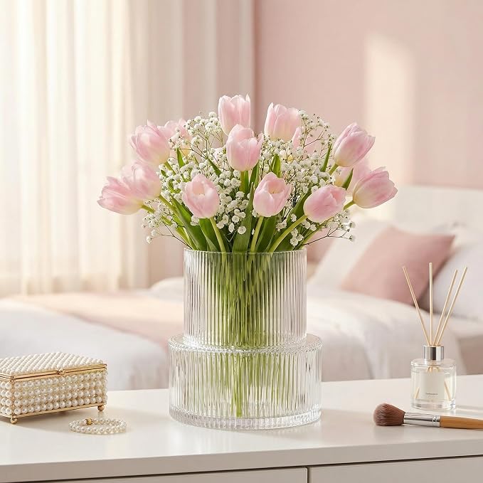 Ribbed Glass Vase, Flower Vase, Fluted Clear Vases - Image 4