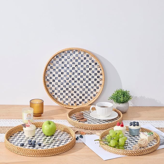 Round Rattan Tray with Mother of Pearl Inlay, Rattan Serving Tray with Wooden - Image 5