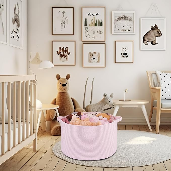 XUANGUO Extra Large Cotton Rope Round Storage Basket 22" x 14" Pink | Woven - Image 6