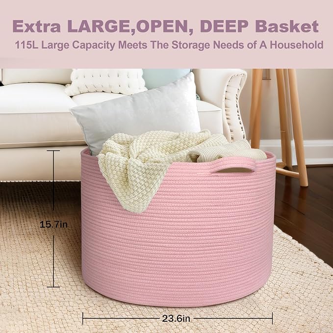 115L Oversized Pink Basket, 23.6"x15.7" Woven Cotton Rope Bin - Image 3