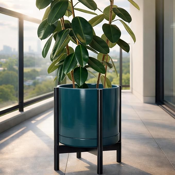 D'vine Dev Ceramic Pot with Ebony Wood Stand, 14 in, 55-B-S-4 | Mid-Century - Image 2